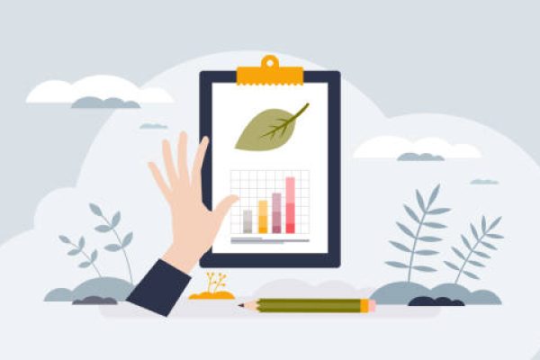 Sustainability reporting and green business ESG chart tiny person concept. Company nature impact and climate forecasting vector illustration. Environmental corporate statistics and data analysis.