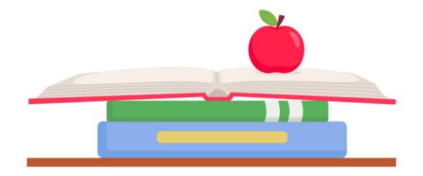 Stacked books and an apple on top. School and education supplies composition. Vector illustration isolated