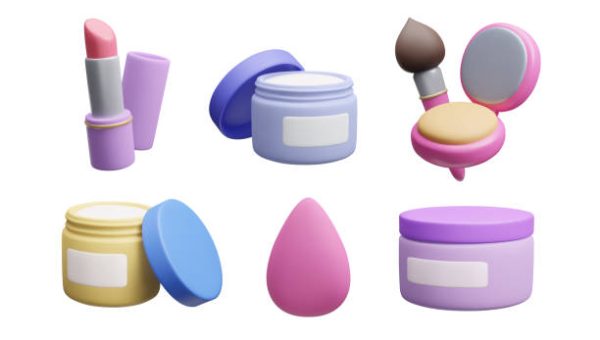 Set of 3D makeup beauty cosmetic product vector icons. Cute cartoon style colorful 3D skincare treatment: lipstick, facial moisturizer cream, makeup blender brush, foundation powder palette bundle.