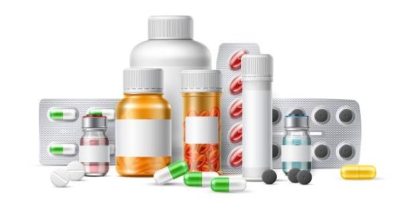 Realistic medications. Pill foil blisters and plastic bottles. Glass ampule with prescription drugs. Cure tablets and antibiotics. Different remedy package. Vitamins and painkillers. Vector concept