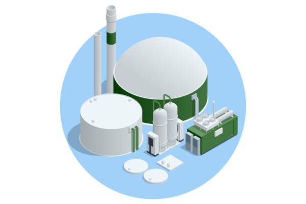 Isometric Modern biogas plant Biogas is an environmentally friendly, cleanand cheap combustible gas produced from livestock manure and agricultural waste by microorganisms in an anaerobic environment.