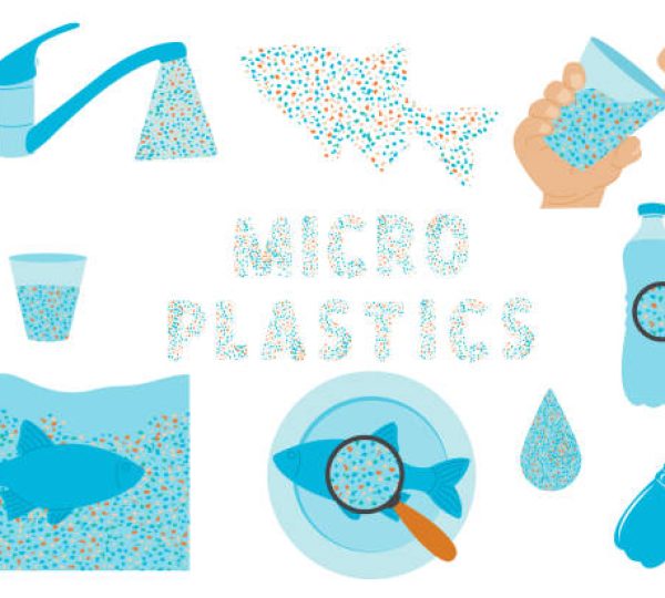 Micro plastic pollution concept. Microplastic in water illustration set. Environmental pollution by toxic waste. Vector illustrations isolated on white background