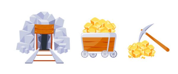 Mining icon set. Gold Mine tools. Pile of Valuable Minerals and Trolley. Retro tunnel. Old mine