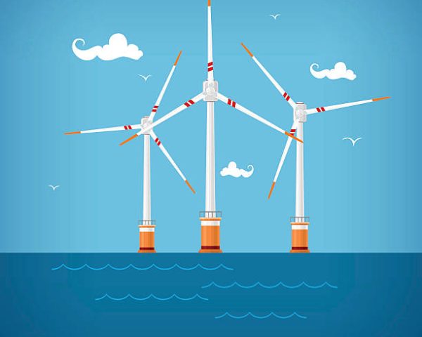 Wind Turbines in the Sea, Horizontal Axis Wind Turbines in the Sea  off the Coast , Offshore Wind Farm,  Vector Illustration