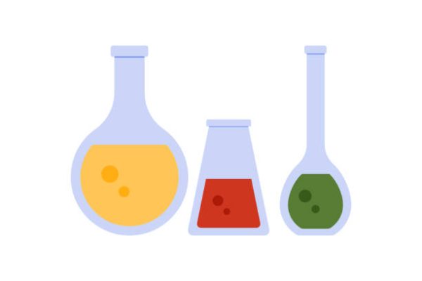 Chemical flasks set, lab beaker and glass test tubes with toxic substance vector illustration