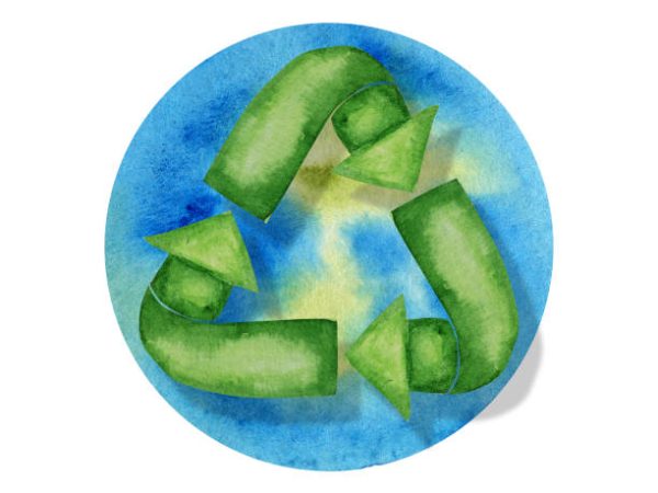 Green Recycled cycle arrows icon. Watercolor hand drawn illustration isolated on Earth background. Recycled eco zero waste lifestyle. Ecological design concept