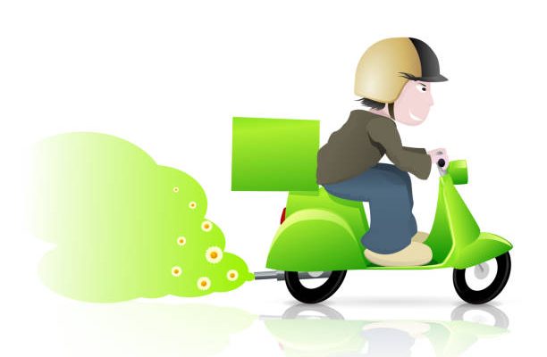 Delivery man on his scooter isolated making a delivery