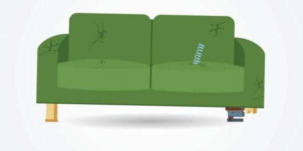 Broken old couch with holes and spring from the seat. Flat vector illustration.
