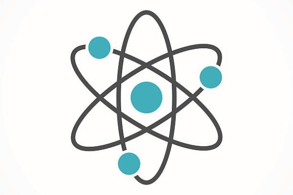 Vector atom icon isolated on white background.