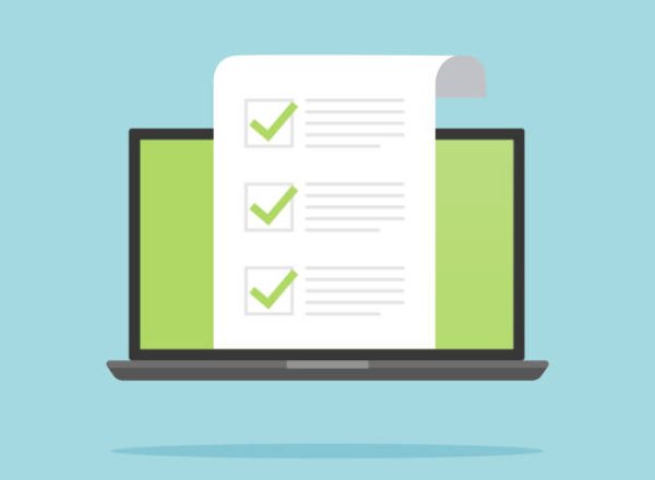 Checklist on laptop screen. Laptop with green marks. Online survey, quiz, questionnaire concepts. Correct or agreement checkmark concept. Vector stock