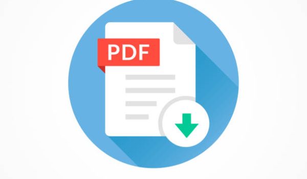 Download PDF icon. Download document. PDF format type, file extension. Vector round icon with long shadow design