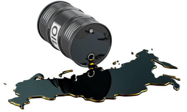 Oil production in Russia concept. Crude oil spilled in the shape of Russian map, 3D rendering isolated on the white background