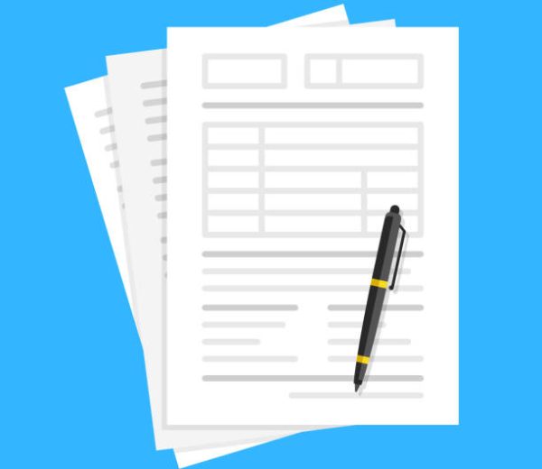 Documents and pen. Filling forms, lot of paper, application form, office work, accounting, paperwork concepts. Flat design. Vector illustration