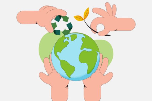 Human hand holding Earth Globe, recycling symbol and plant. The concept of sustainable development for business, ecology and environment protection. Flat vector illustration.