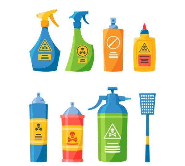 Set of Pest Control Toxic Sprayers and Aerosol Bottles, Disinsection Repellents. Home Insects Disinfestation Chemicals for Protection and Fumigation, Fly-swatter Tool. Cartoon Vector Illustration