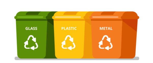 Colorful Garbage containers for glass, plastic, metal rubbish. Waste recycling management concept. Multi-colored tanks each for its own type of trash.Vector trash bins icons isolated from white