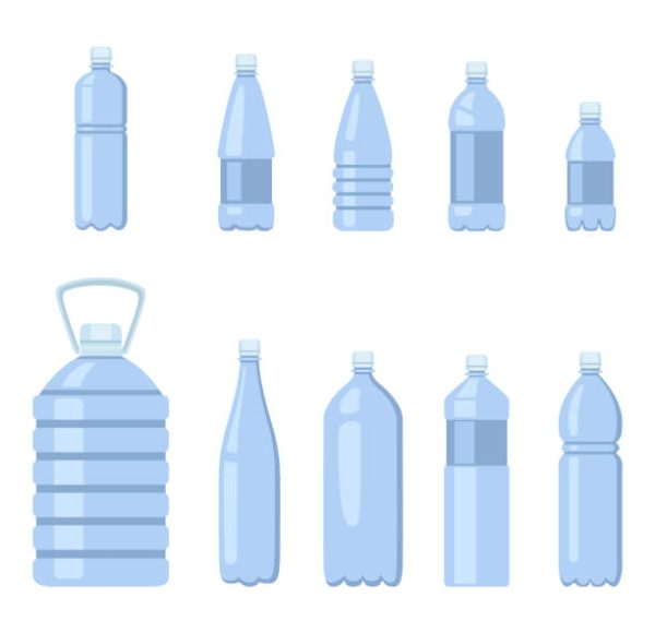 Vector Set of Flat Blue Plastic Bottle Icons. Water Package Symbols