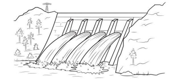 Line-art illustration representing green energy source - hydroelectric power plant on white background.