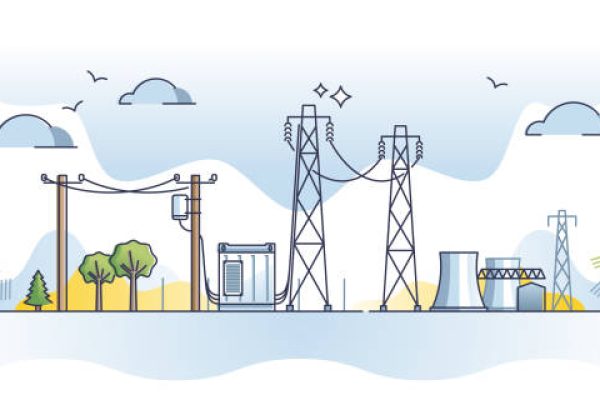 Power grid with electricity distribution wiring from station outline concept. Energy supply lines with towers, generator and atomic utility vector illustration. Thermal reactor with infrastructure.