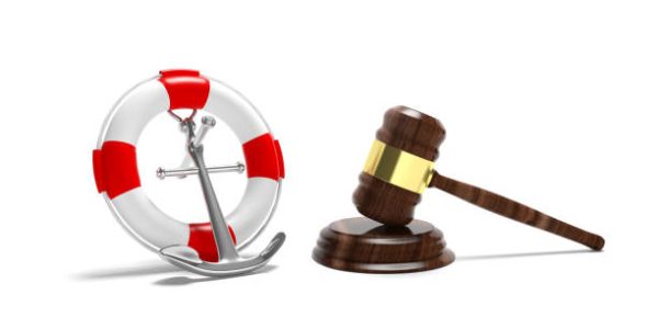 Law of the sea concept. Lifebuoy, navy ship anchor and judge gavel isolated on white background. 3d illustration