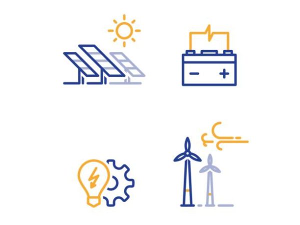 Solar panels and wind farm energy concept, offshore wind turbines, green electricity, accumulator and light bulb vector line icon