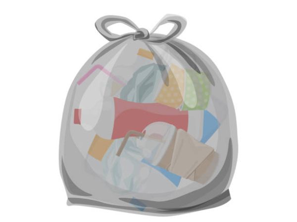 plastic waste packed in the transparent plastic bags for waste separation isolated white square background, Illustration plastic bin bags for waste, clip art plastic bag transparent flat for graphic