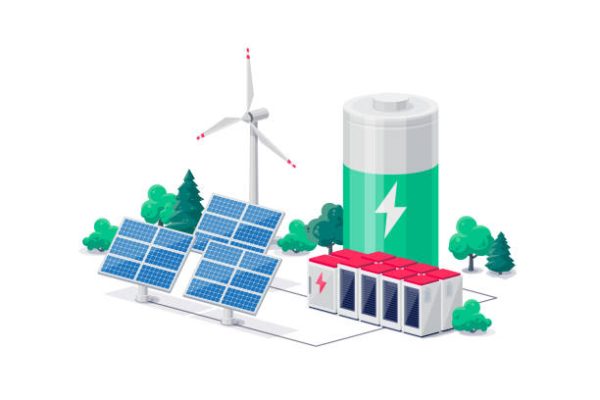 Smart future renewable green power plant with electric solar panel wind and li-ion battery energy storage. Clean sustainable electricity grid industry. Isolated vector illustration on white background