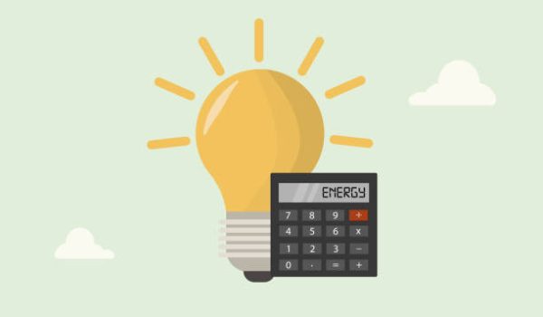 Energy Calculator with Lightbulb Efficiency Concept. glowing lightbulb with calculator display showing 'ENERGY', representing energy consumption calculation and efficiency. Vector illustration