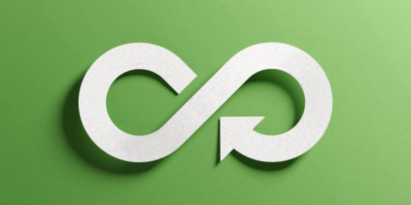 Circular economy to reduce waste by reusing, repairing, recycling products and materials. Ecology, nature preservation, sustainable development, green business concept. Infinity icon symbol paper.