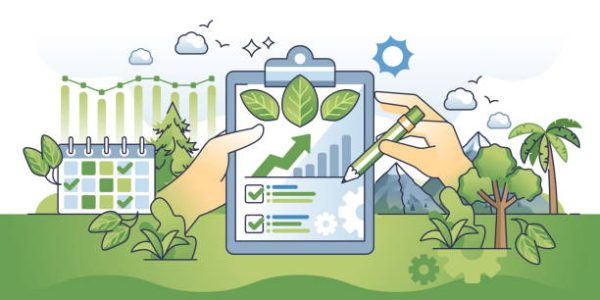 Sustainability reporting and ecological statistics outline hands concept. Corporate ESG analysis with climate impact calculation vector illustration. Nature friendly green practices measurement.