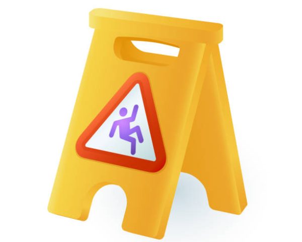 Yellow slippery floor surface sign 3D icon. Wet floor caution or warning, sign with falling person 3D vector illustration on white background. Safety, prevention, danger, maintenance concept