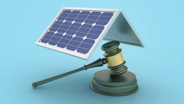Legal Gavel with Solar Panels - Colored Background - 3D Rendering
