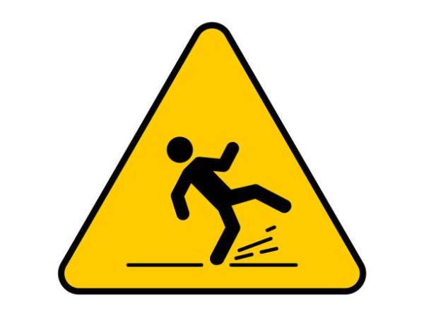 Wet Floor sign, yellow triangle with falling man. Isolated vector illustration.