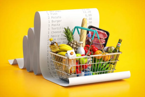 Shopping basket with foods on receipt. Grocery  expenses budget, inflation and consumerism concept. 3d illustration