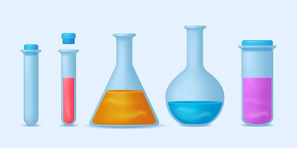 Set of  laboratory flasks or chemistry measuring glass tubes with color reagents isolated on white background. Vector illustration