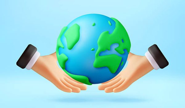 3d illustration of hands holding earth globe. Protection and care for planet concept. Eco friendly environment, sustainability and global conservation. Support for world community. Vector illustration