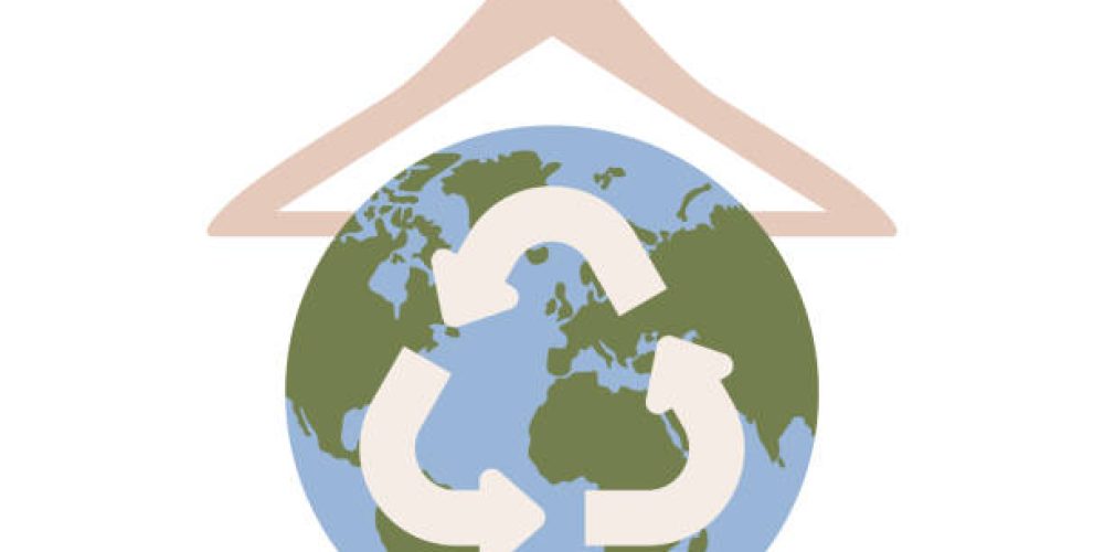 Slow fashion concept. Earth planet with reuse sign and clothes hanger. Reduce, Recycle symbol. Vector