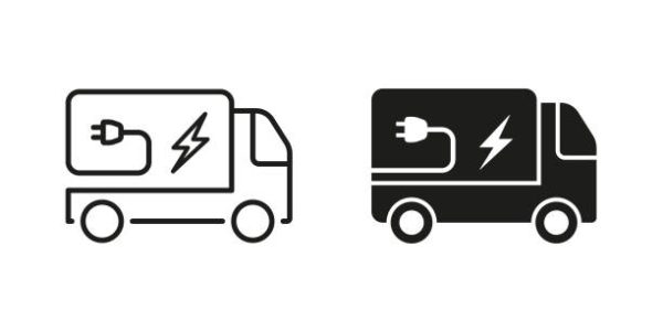 Vehicle Transport with Eco Green Electricity Power Line and Silhouette Icon Set. Electric Van Pictogram. Ecology Energy Truck Symbol Collection on White Background. Isolated Vector Illustration.