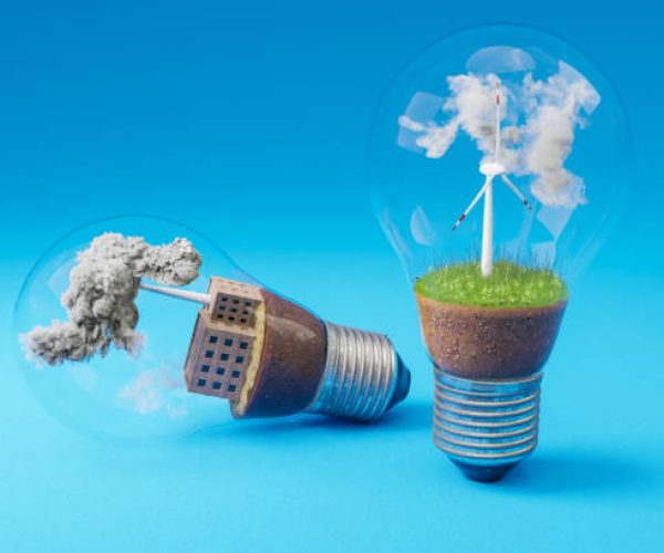 lightbulbs with minature wind turbine and coal-fired power station  inside; green soil and clouds; pollution and smoke; renewable energy concept; infinite background; 3D Illustration