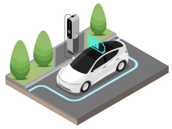EV Electric Car stop at Charging Station Ecology cut inside show Battery Concept isometric isolated vector