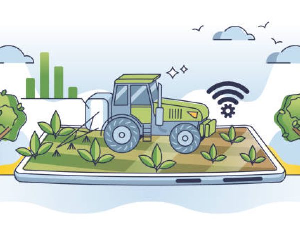 Future farm with wireless soil analysis and combine work outline concept. Smart agricultural technology for effective farming and modern equipment vector illustration. Innovative harvest monitoring.
