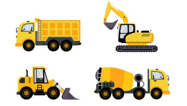 Construction flat element set design, collection of vehicle equipment with truck, excavator, bulldozer, and cement car or dumper. Yellow and black isolated on white background, illustration collection
